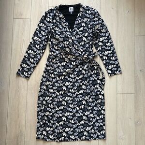 Anne Klein Faux Wrap Floral Print 3/4 Sleeve Dress in Black & White Size S
